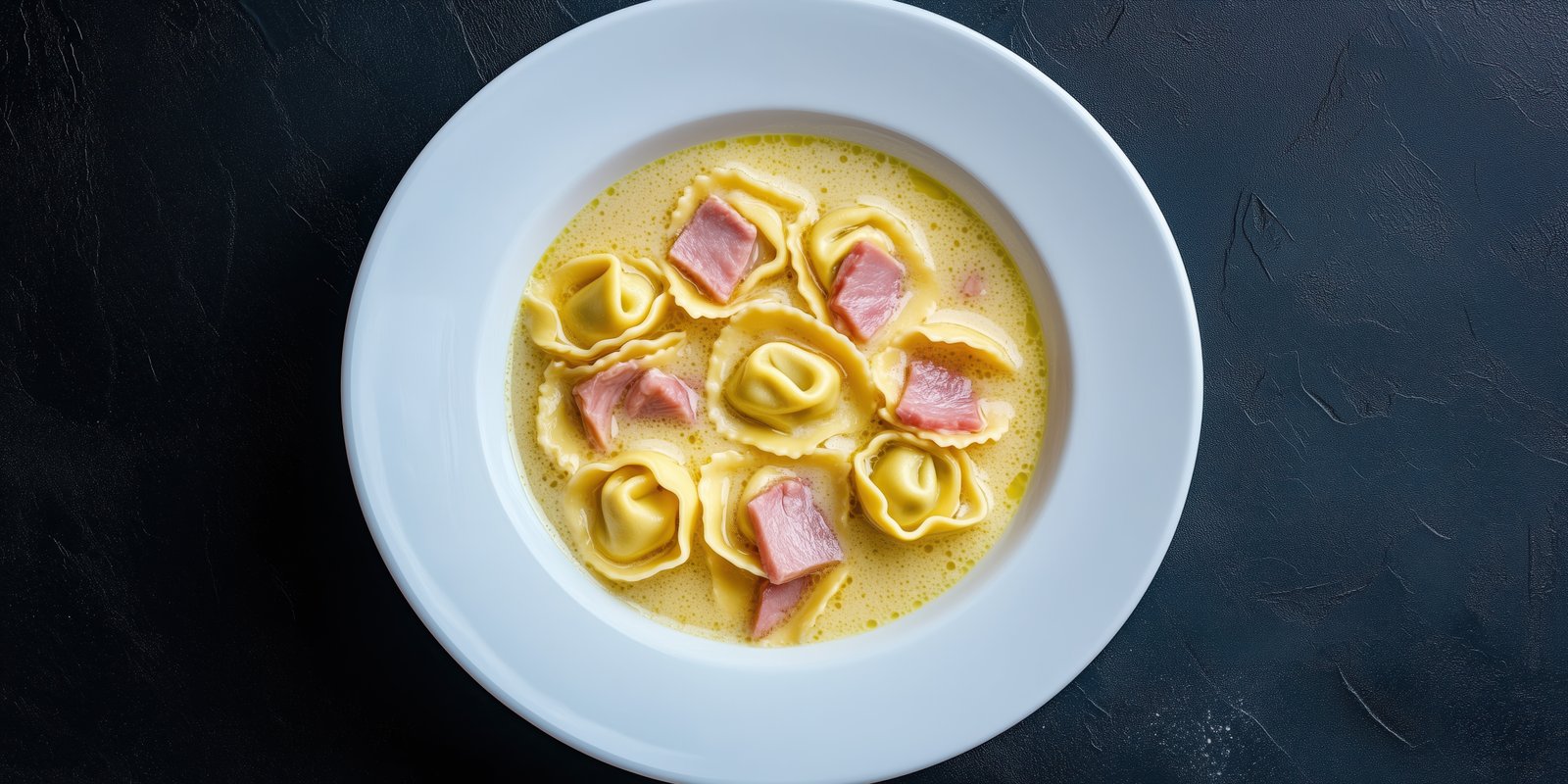 Creamy pasta dish with ham pieces served in a white bowl on a dark surface